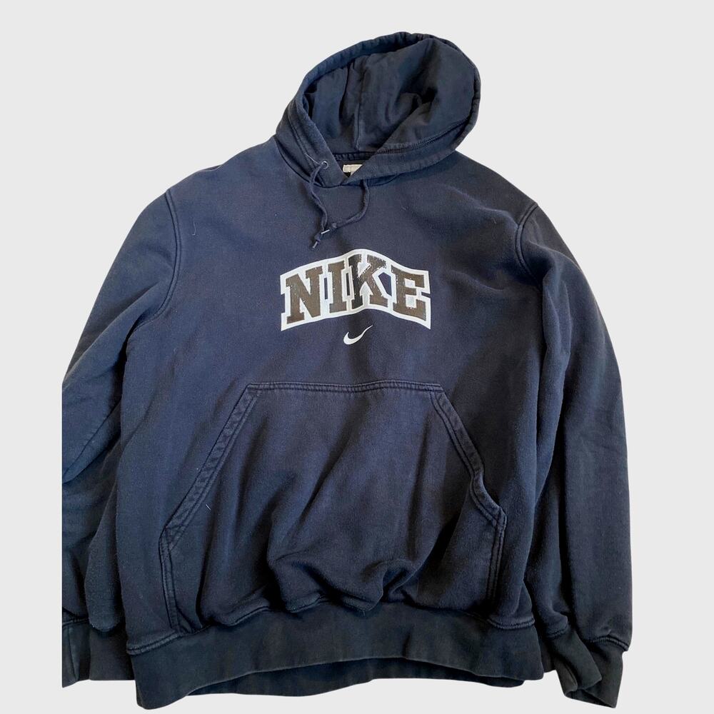 Vintage Nike Center Swoosh Hoodie Large L Faded Black Spellout Made in Turkey